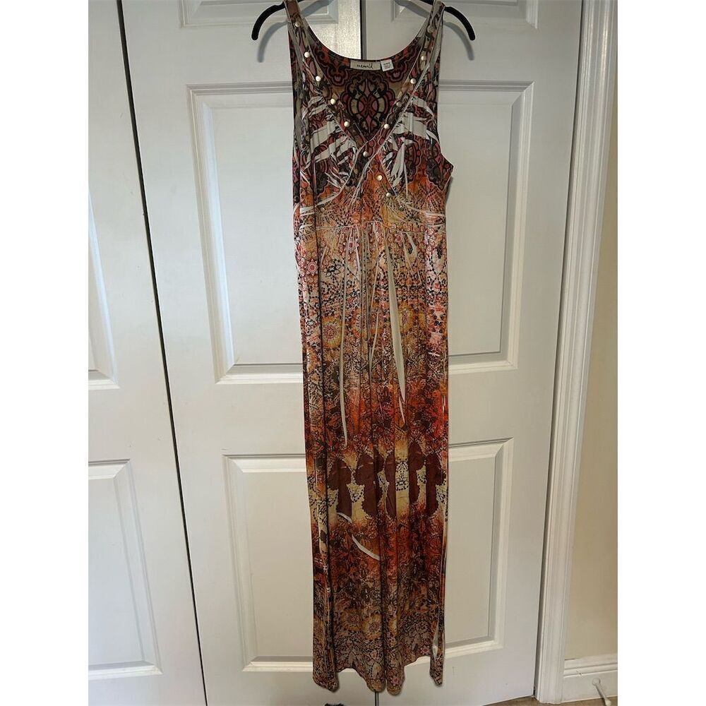 OneWorld Women's Plus Size 14 Sleeveless Beaded Geometric Maxi Dress